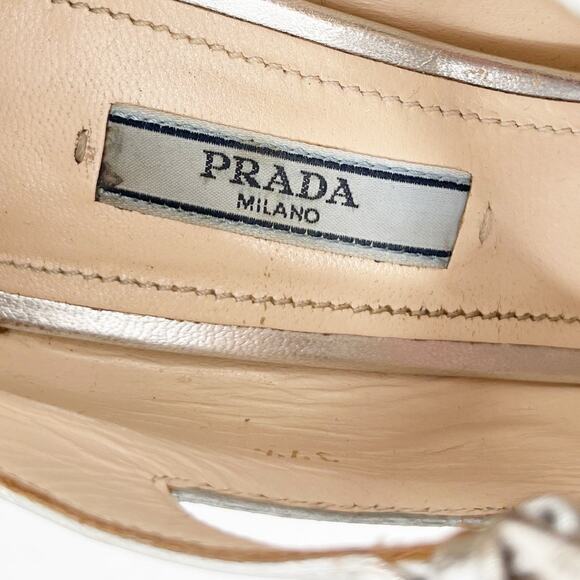 Prada F/W 2015 Silver Metallic Leather Mary Jane Rubber Trim Block Heels IT 37.5 - Picture 13 of 16